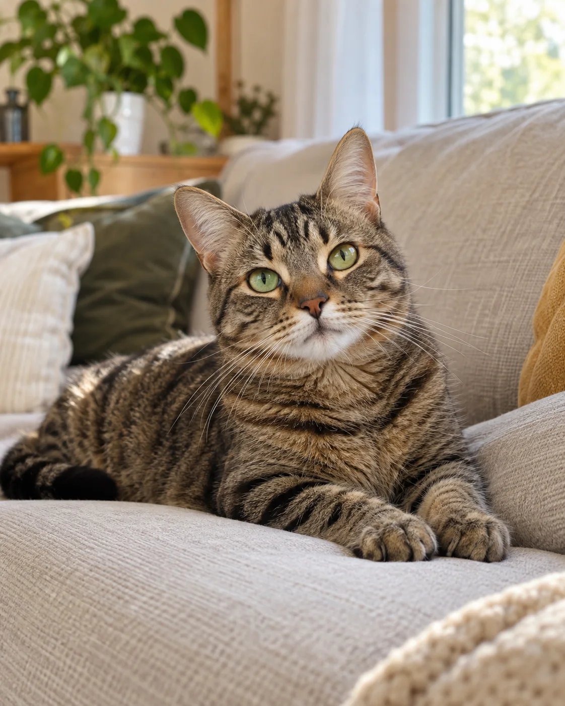 Gatto tigrato rilassato sul divano in un ambiente domestico accogliente