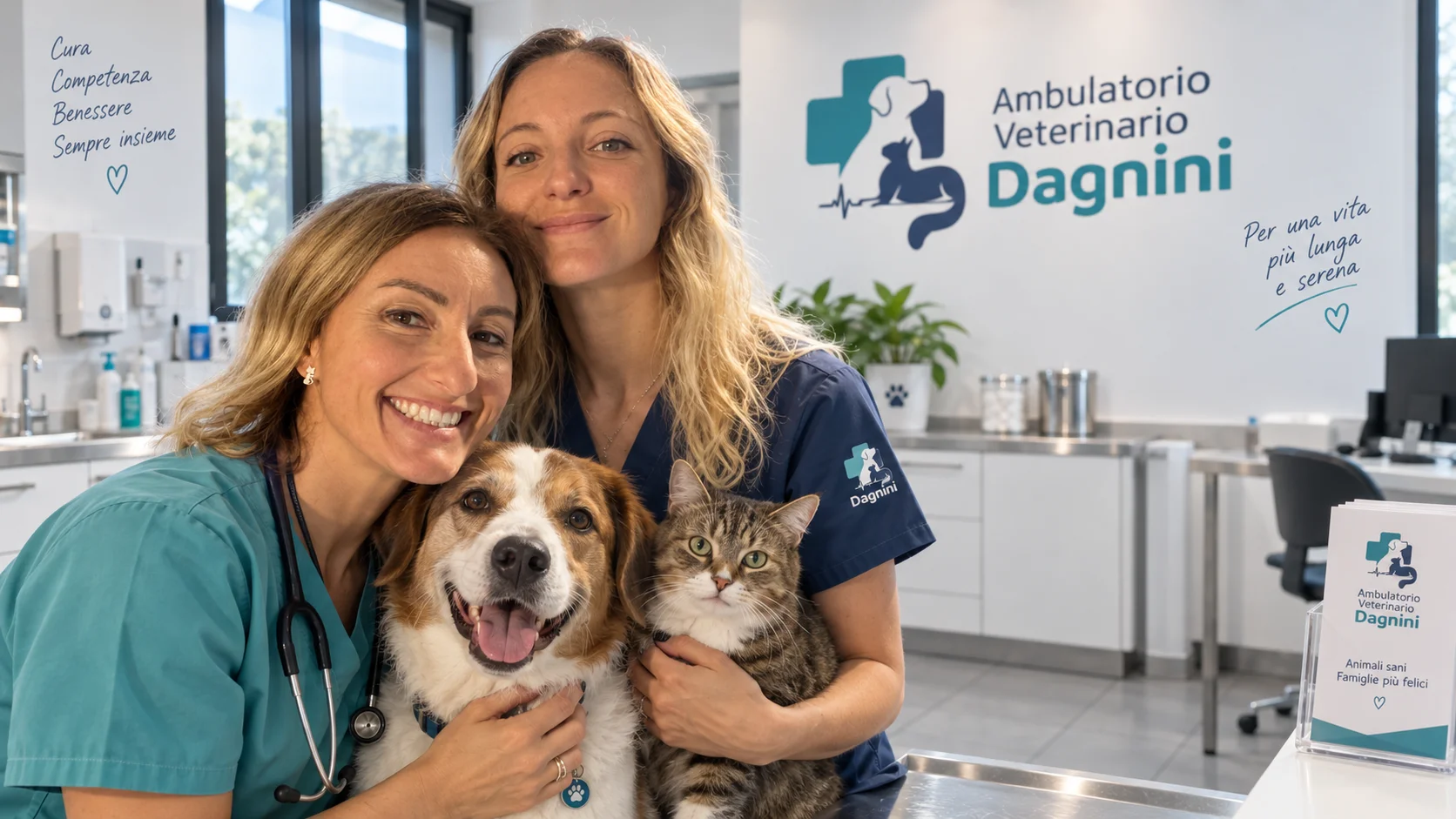 Le Dott.sse Jennifer Martelli e Roberta Sabattini in ambulatorio con un cane e un gatto